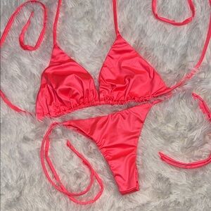 Brazilian Pink Satin Thong Bikini Set